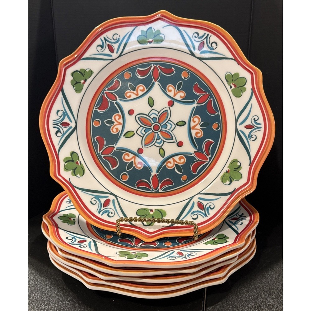 Gibson Colorful Floral Abstract Melamine Scalloped Dinner Plates Set Of 6 Boho